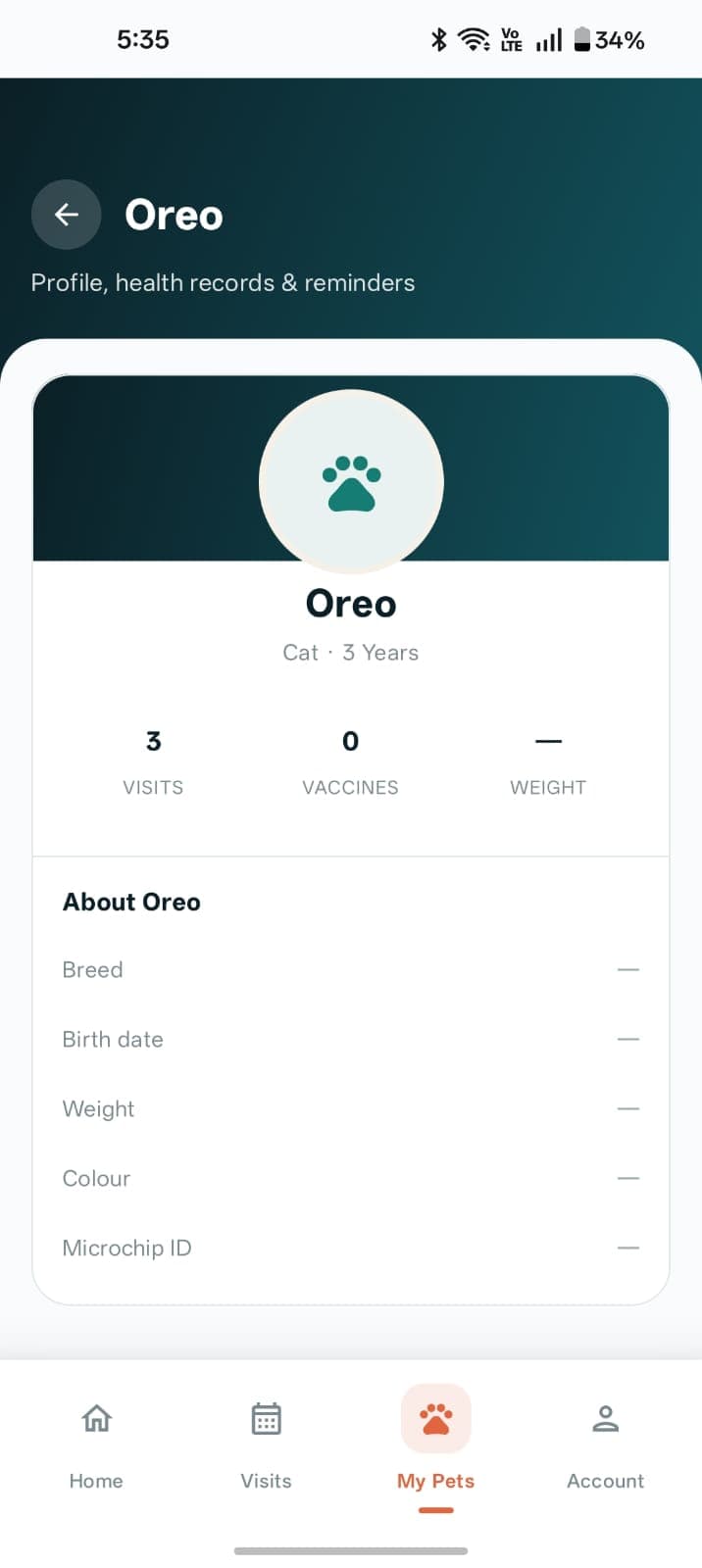 Vetline app pet profile for a cat named Oreo showing visits, vaccines and health record details